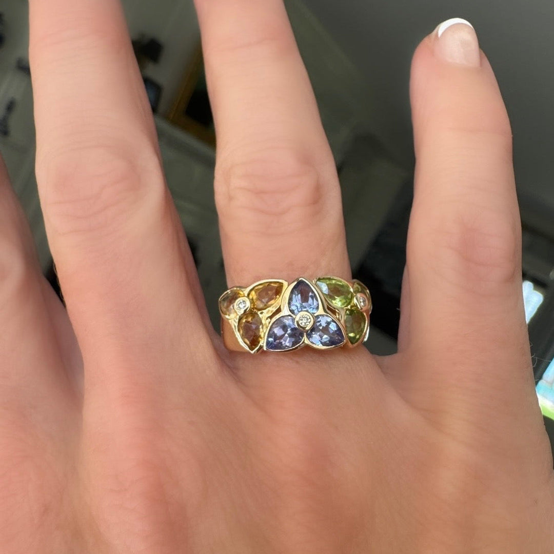 Modern Designer JCR Citrine, Peridot, Tanzanite and Diamond 14Kt Yellow Gold Ring.