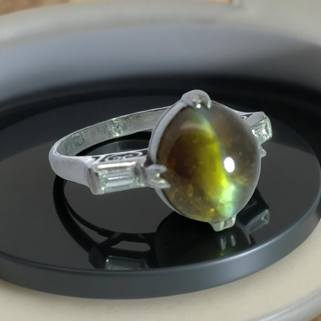 Cat's Eyes Tourmaline, Diamond and Platinum Three-Stone Ring