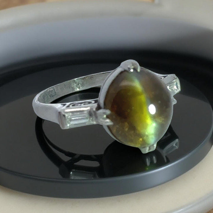 Cat's Eyes Tourmaline, Diamond and Platinum Three-Stone Ring