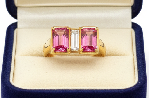 Pink Sapphire, Diamond and 18K Yellow Gold Statement Ring