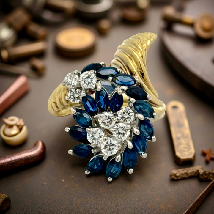 Vintage Diamond and Sapphire Freeform 14k Yellow and White Gold Ring