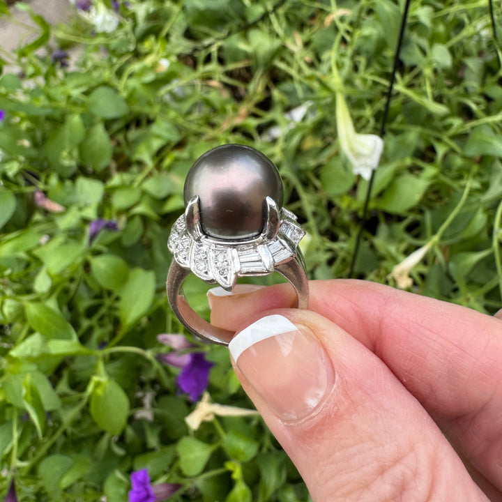 Contemporary 12.50mm Tahitian Pearl and Diamond Platinum Ring