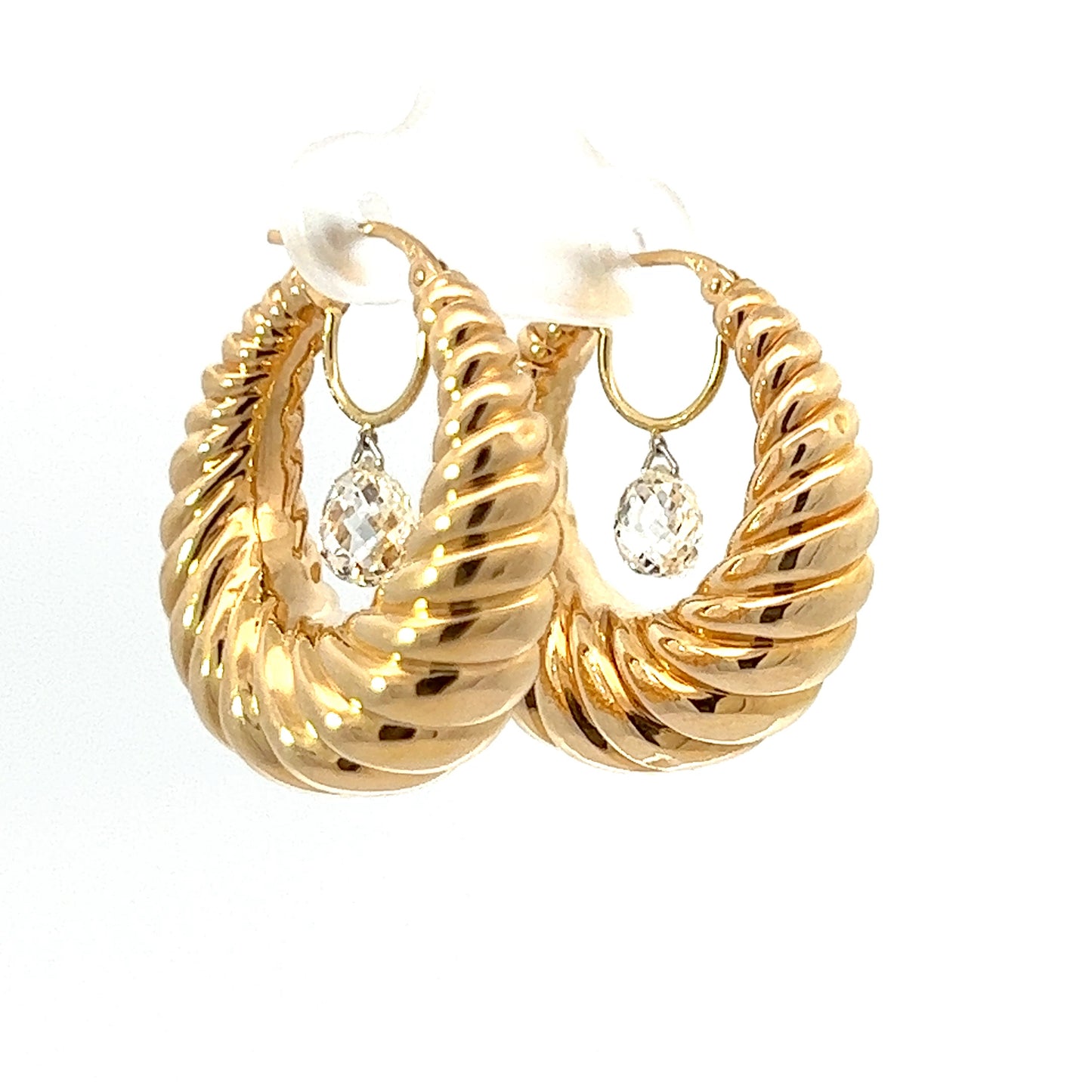 Croissant 18K Yellow Gold and One Carat Briolette Diamond Hoop Earrings