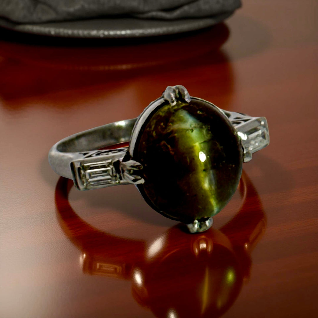 Cat's Eyes Tourmaline, Diamond and Platinum Three-Stone Ring