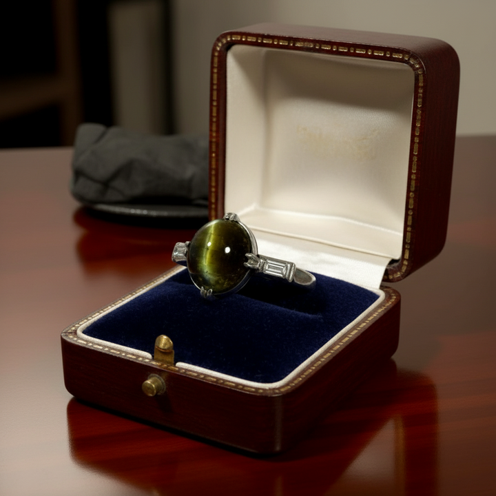 Cat's Eyes Tourmaline, Diamond and Platinum Three-Stone Ring