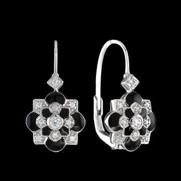 Diamond and Black Enamel Dangle 14K White Gold Earrings