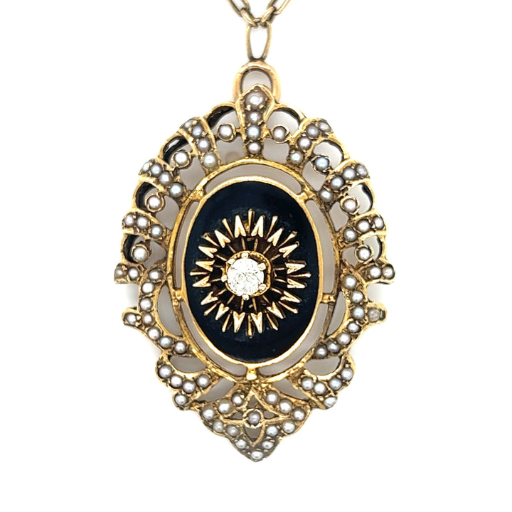 Vintage Diamond, Pearl and Black Enamel Necklace