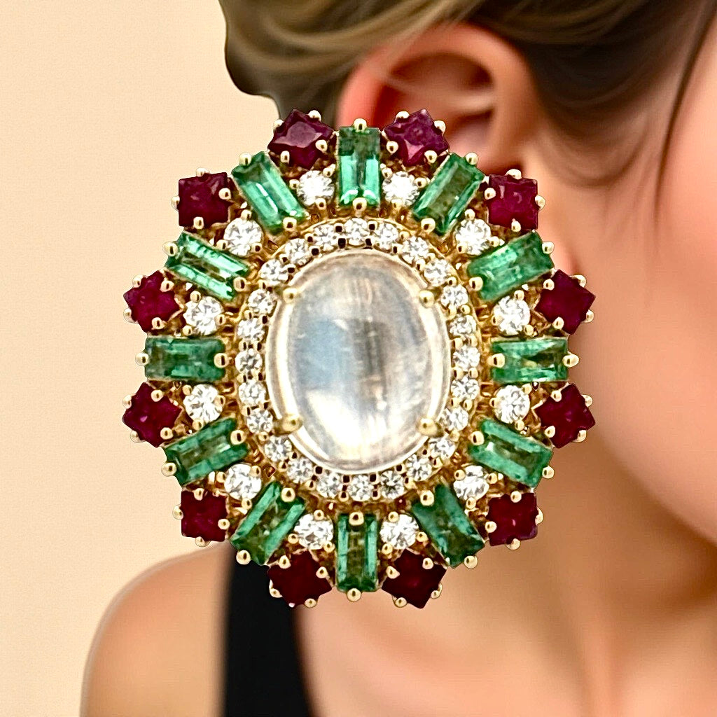 Moonstone, Ruby, Emerald and Diamond 18k Yellow Gold Earrings