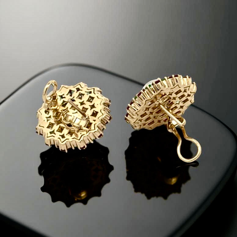 Moonstone, Ruby, Emerald and Diamond 18k Yellow Gold Earrings