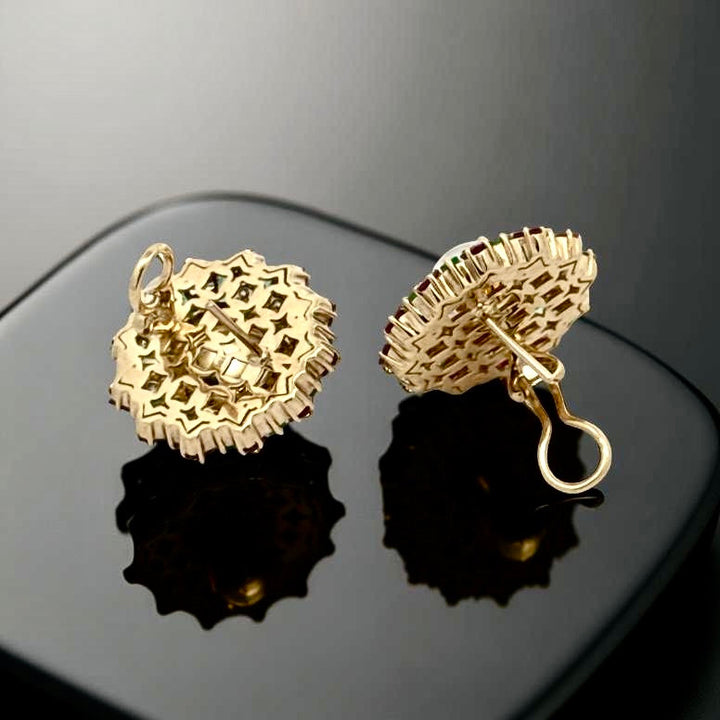 Moonstone, Ruby, Emerald and Diamond 18k Yellow Gold Earrings