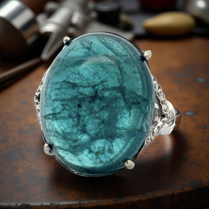 Large Oval Cabochon Tourmaline Diamond 18kt White Gold Statement Ring