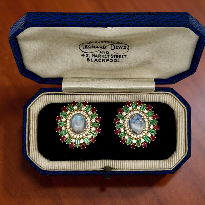 Moonstone, Ruby, Emerald and Diamond 18k Yellow Gold Earrings