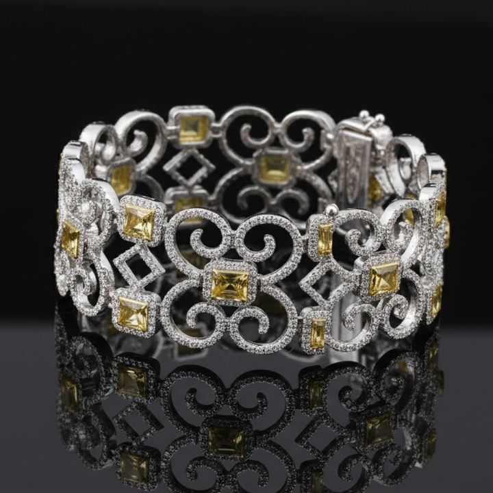 Designer AV 8.80cttw Natural Fancy Yellow and White Diamond 14K Yellow and White Gold Bracelet