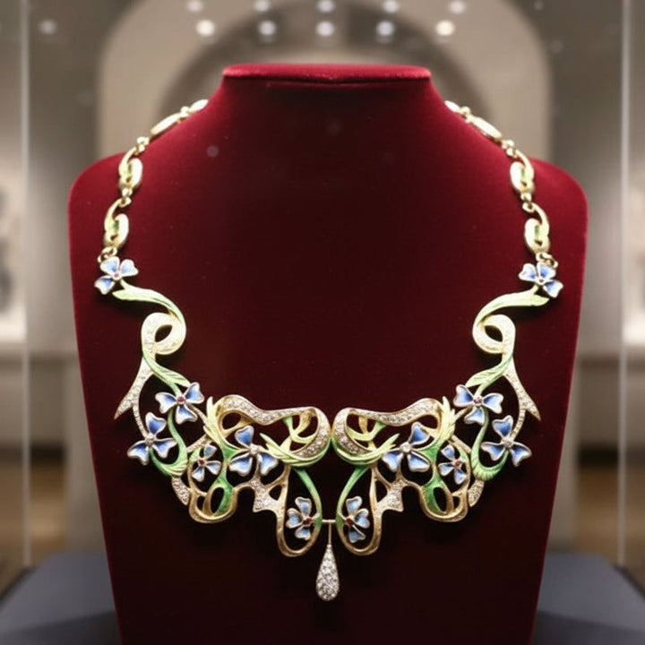 Designer Art Nouveau 1910 Diamond Ruby and Plique-a-Jour 18kt Yellow Gold Necklace -Limited Edition #2 of 12