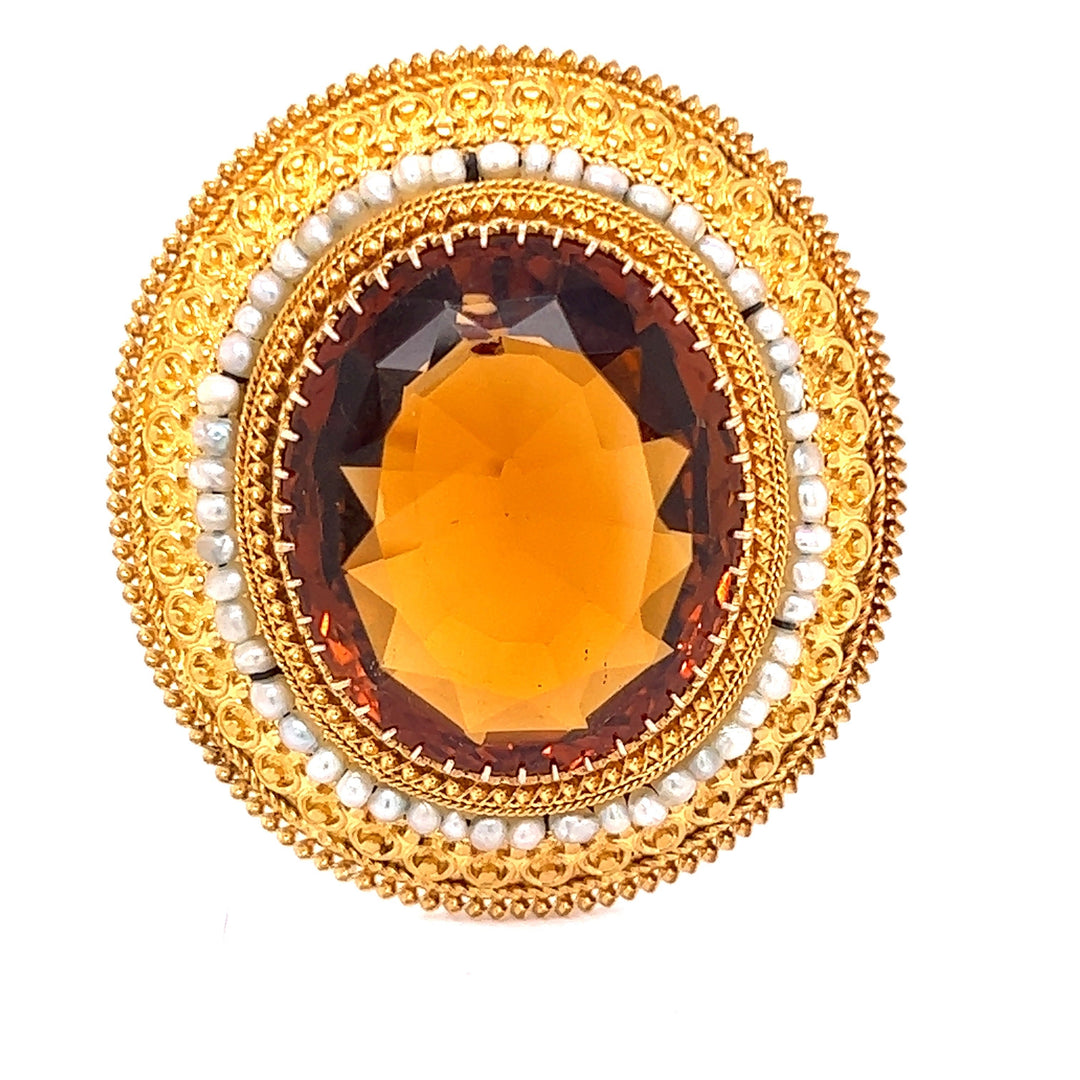 Etruscan Citrine and Natural Seed Pearl Brooch