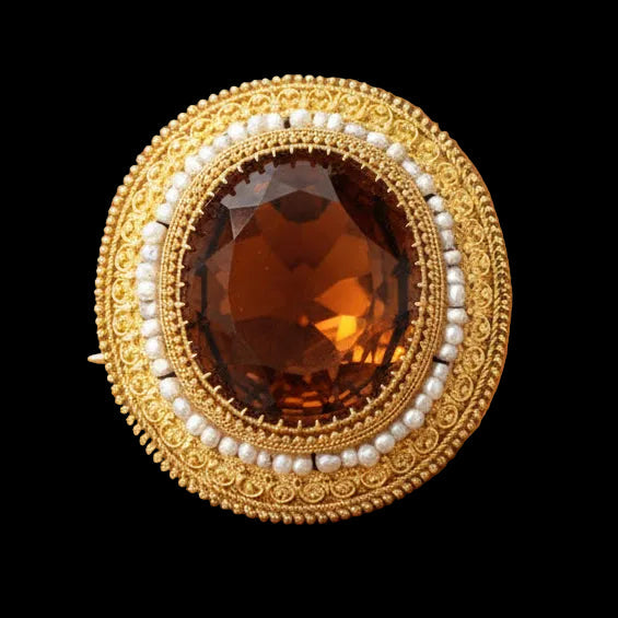 Art Deco Citrine and 14K Yellow Gold Pendant Brooch