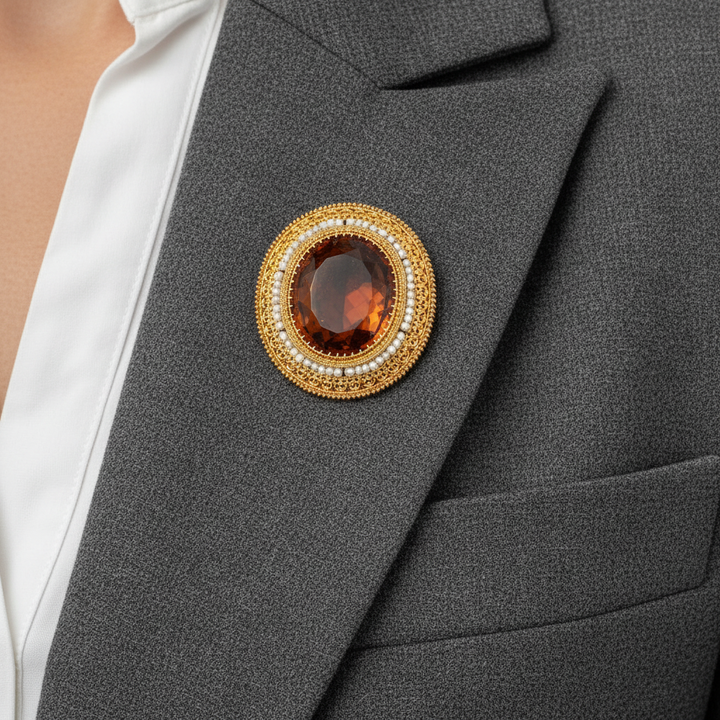 Art Deco Citrine and 14K Yellow Gold Pendant Brooch