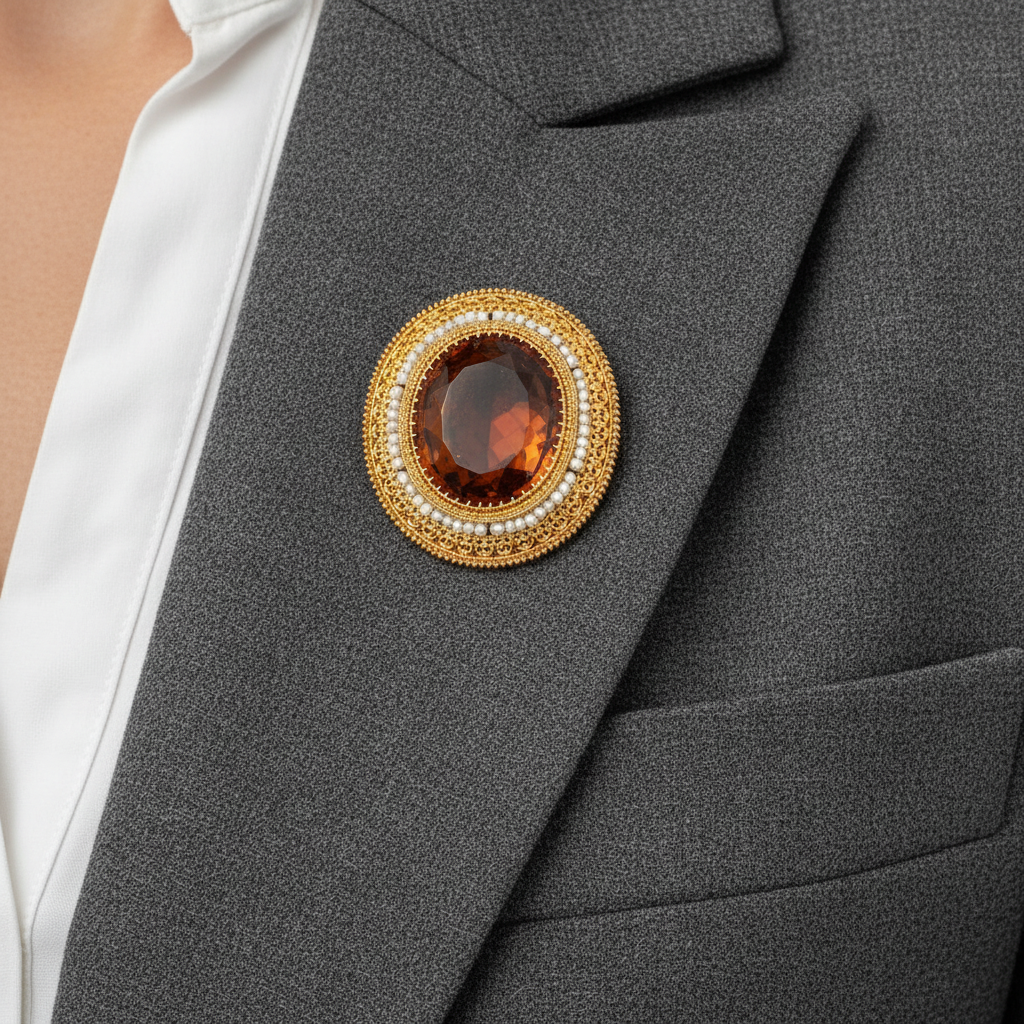 Art Deco Citrine and 14K Yellow Gold Pendant Brooch