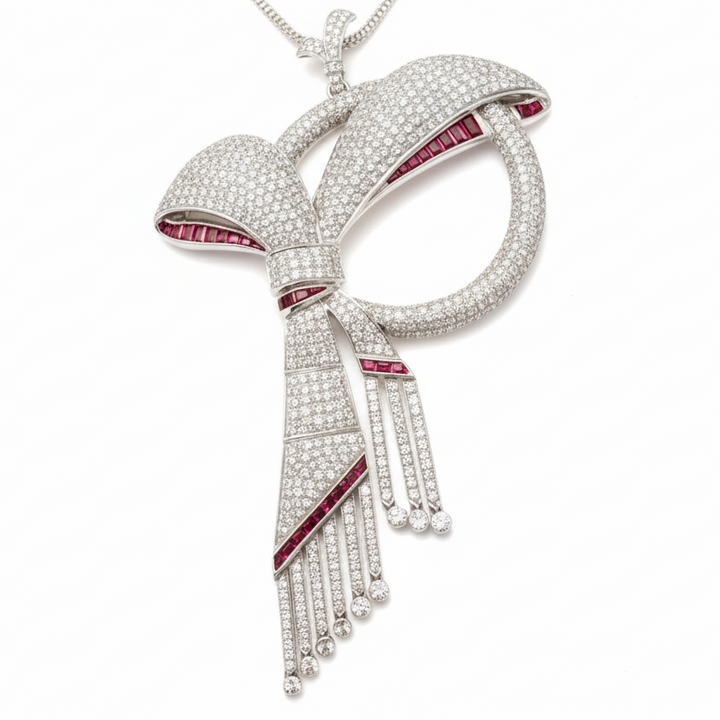 1970's Bow Motif Necklace/Brooch Diamond and Ruby 18K White Gold