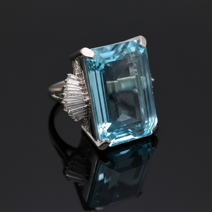 Emerald Cut Aquamarine and Diamond Platinum Ring