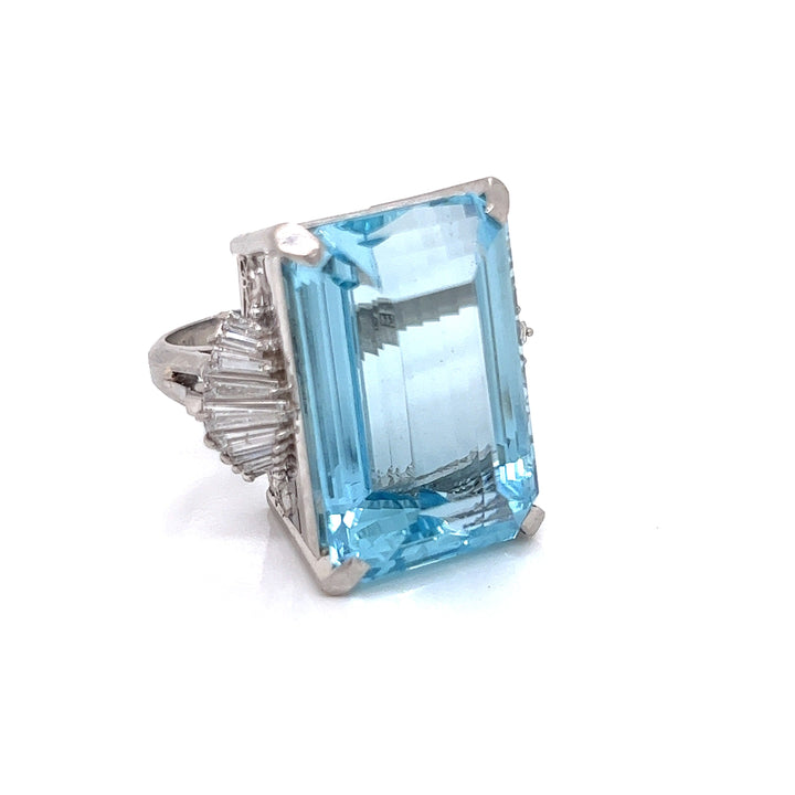 Emerald Cut Aquamarine and Diamond Platinum Ring