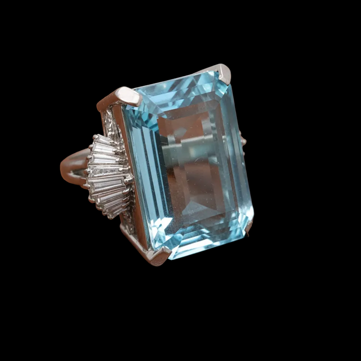 Emerald Cut Aquamarine and Diamond Platinum Ring