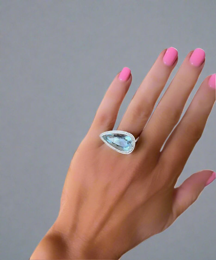 11.98 Carat Pear Aquamarine and Diamond Ring