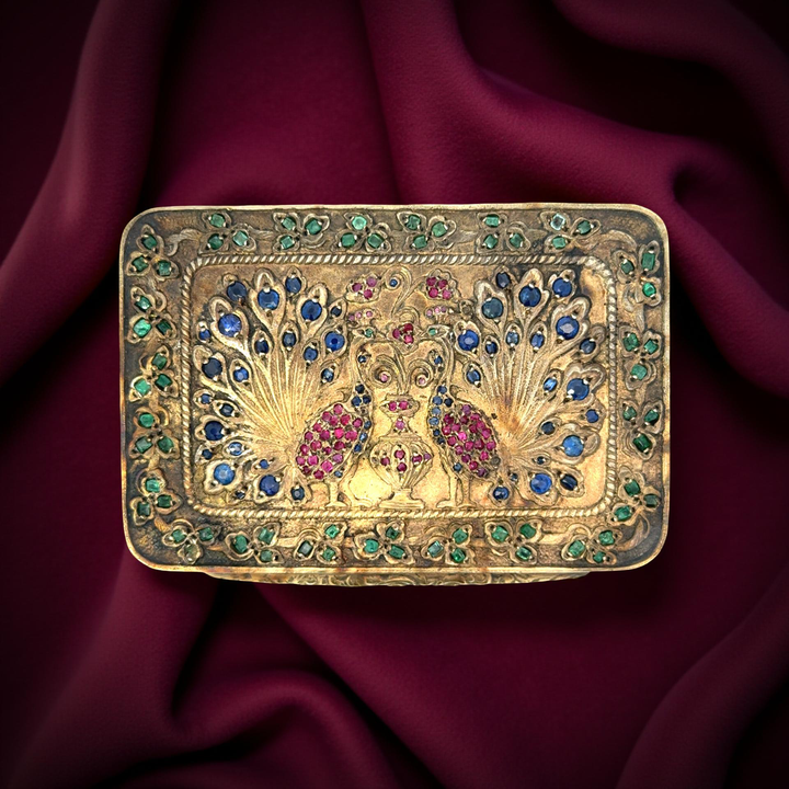 Double Peacock Sapphire, Ruby and Emerald Gilt Gold over Silver Box