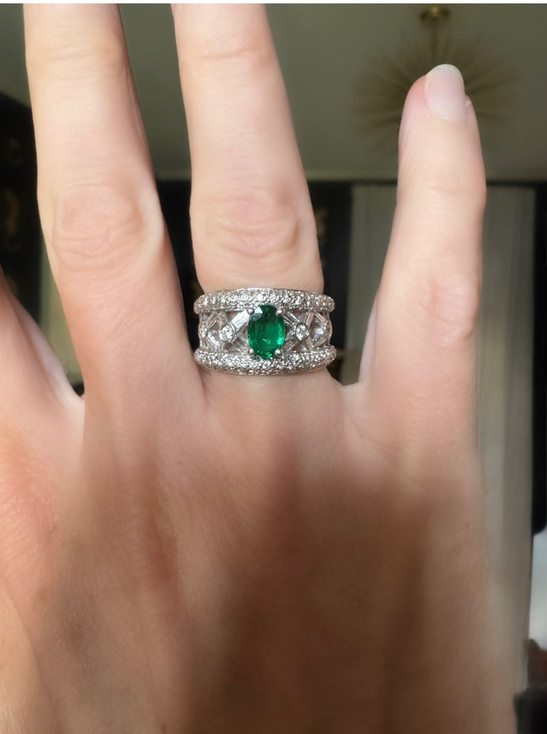 Vintage Fine Emerald & Diamond 18K White Gold Ring