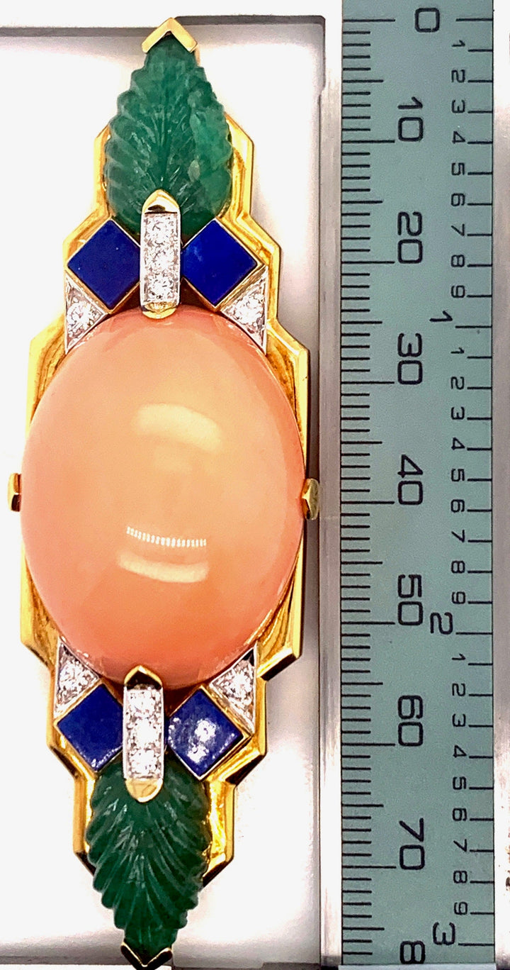 David Webb Coral, Emerald, Diamond and Lapis Lazuli Brooch