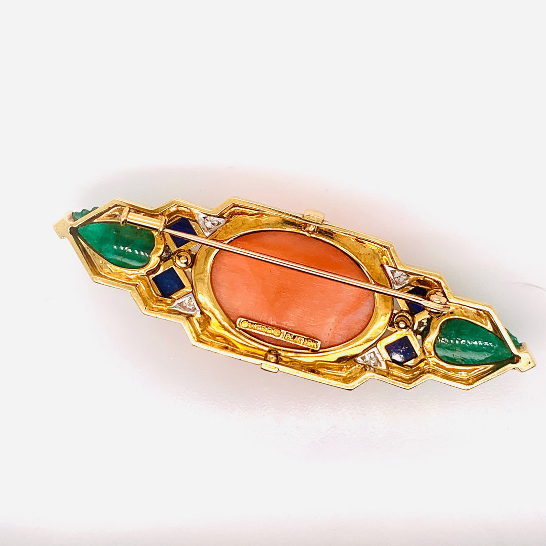 David Webb Coral, Emerald, Diamond and Lapis Lazuli Brooch