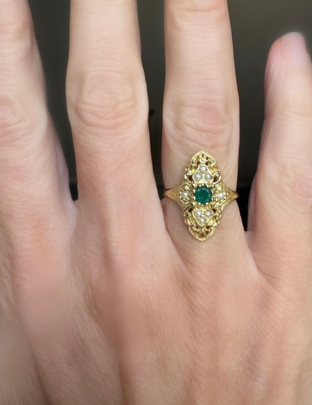Vintage Emerald & Pearl 18K Yellow Gold Ring