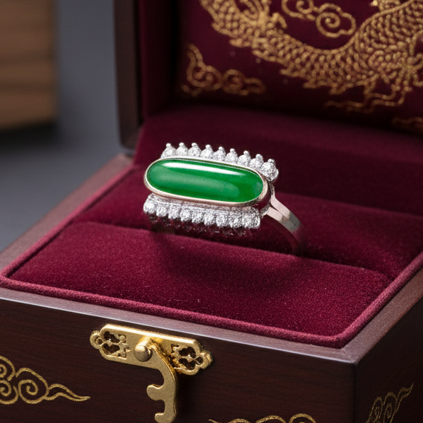 Estate Jadeite Diamond 18K WG Ring 15499