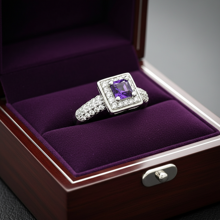 Amethyst, Diamond, and 14K White Gold Ring
