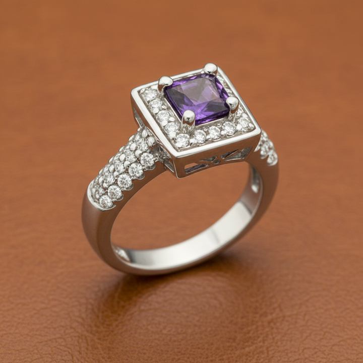 Amethyst, Diamond, and 14K White Gold Ring