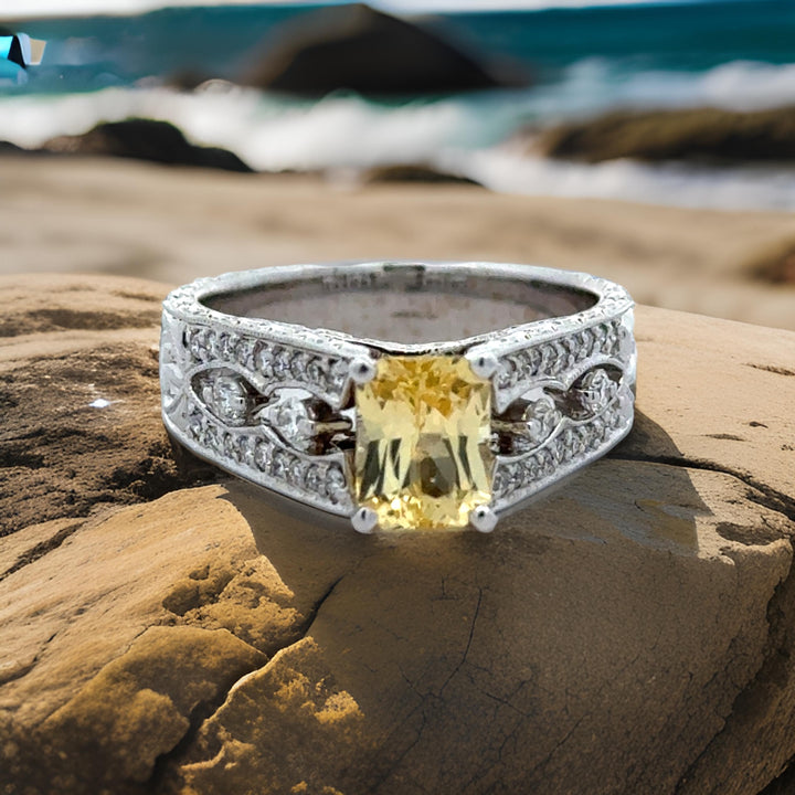 Yellow Sapphire, Diamond, and 18K White Gold Antique Ring