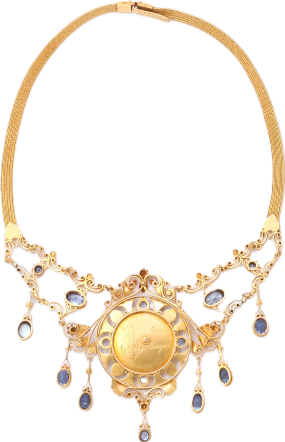 Neo Renaissance Ceylon Sapphire and Pearl 18K Yellow Gold Necklace