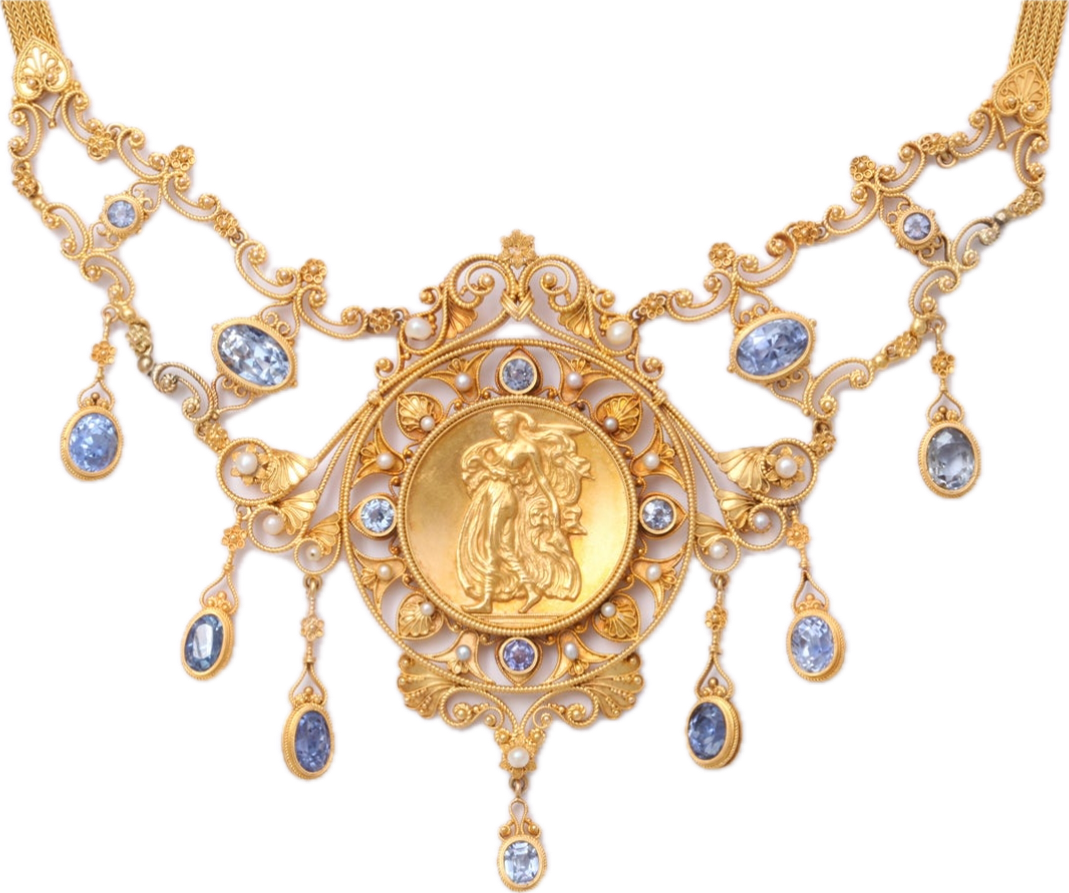 Neo Renaissance Ceylon Sapphire and Pearl 18K Yellow Gold Necklace