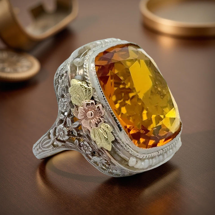 Citrine and Pearl Filigree 14K Tri Color Gold Ring