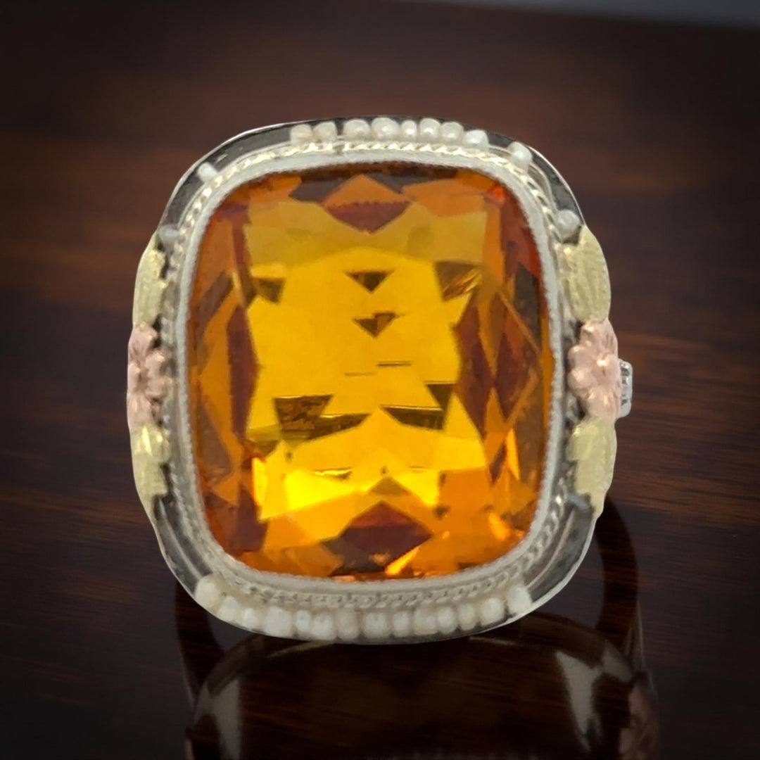 Citrine and Pearl Filigree 14K Tri Color Gold Ring
