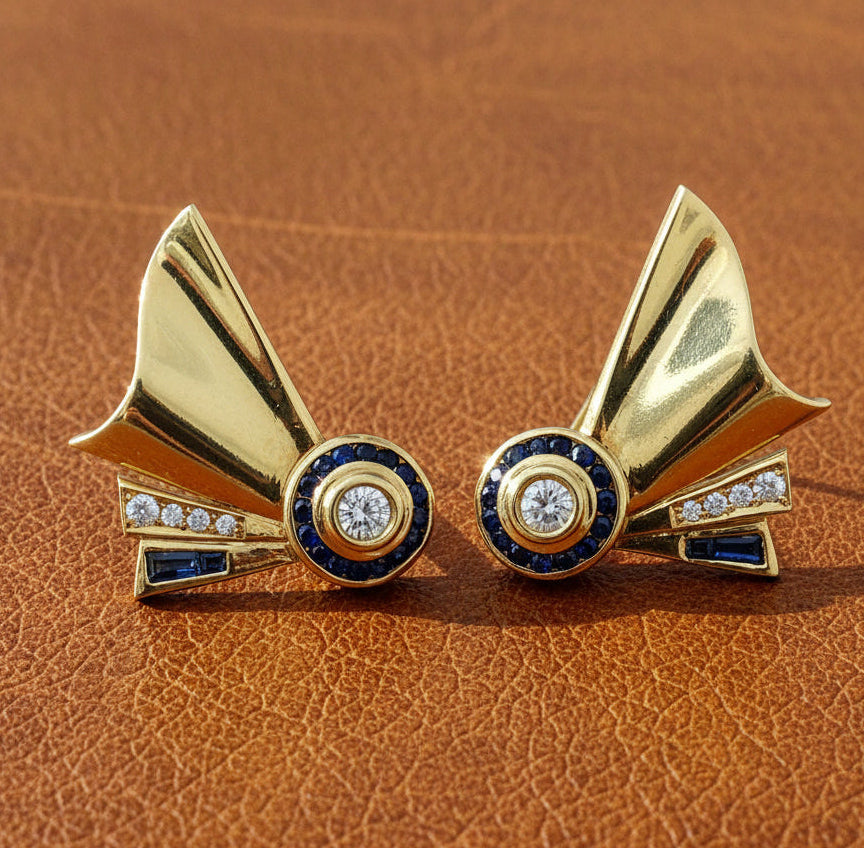 French Designer Retro Diamond and Sapphire Earrings