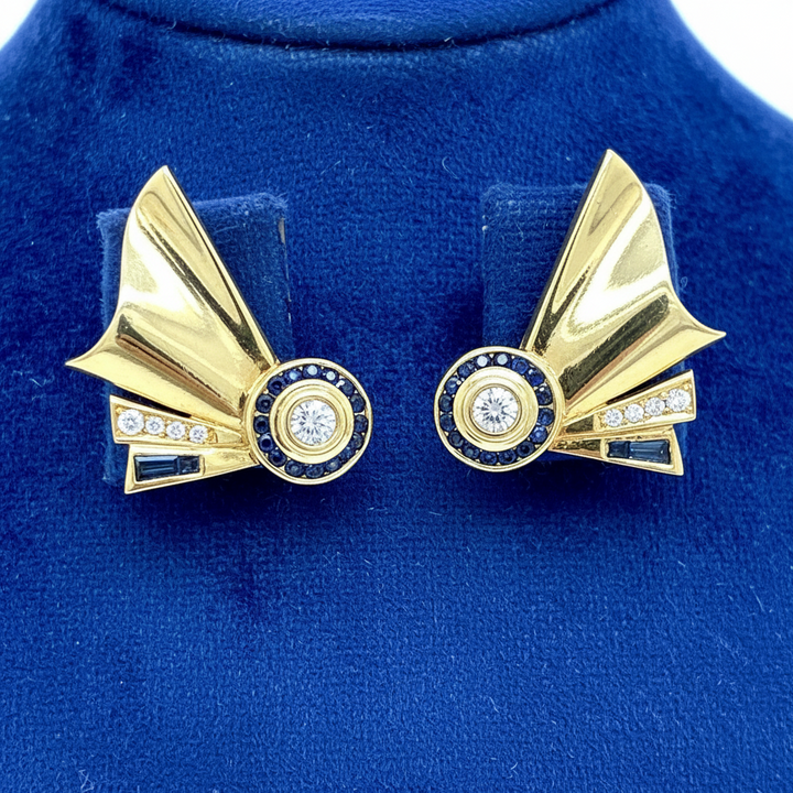 French Designer Retro Diamond and Sapphire Earrings