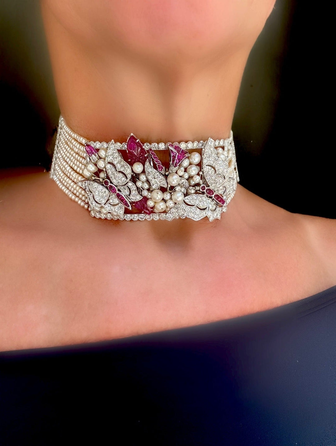 Estate Of Hollywood Actress Connie Stevens Diamond Ruby and Pearl Multi Row 18K White Gold Necklace