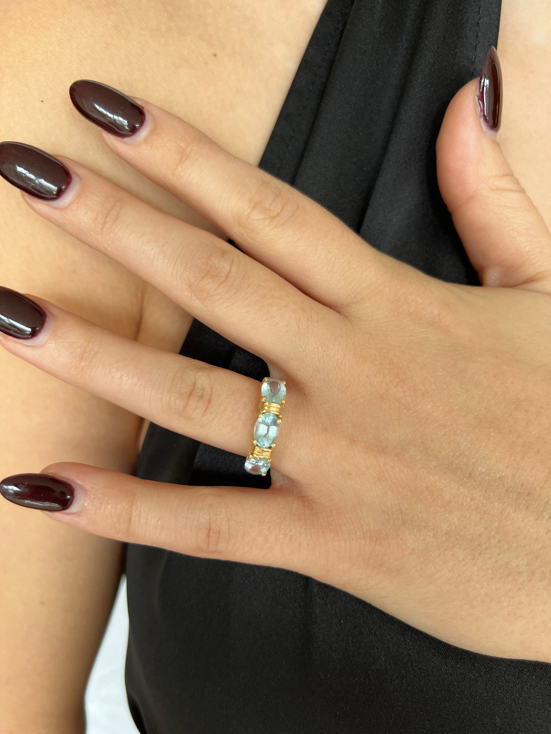 Blue Topaz and 14k Yellow Gold Three Stone Ring