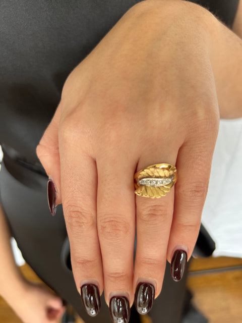 Diamond and 14k Yellow Gold Retro Leaf Ring