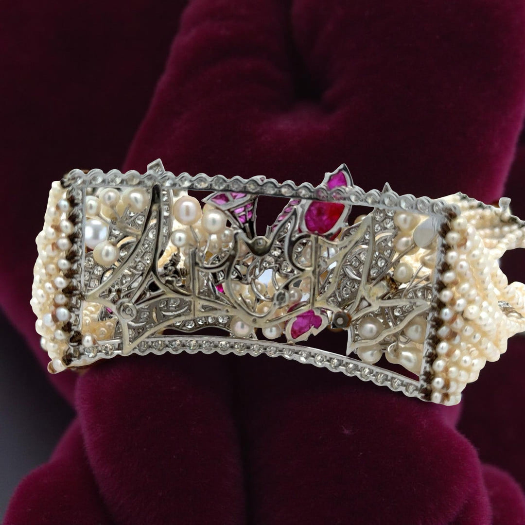 Estate Of Hollywood Actress Connie Stevens Diamond Ruby and Pearl Multi Row 18K White Gold Necklace
