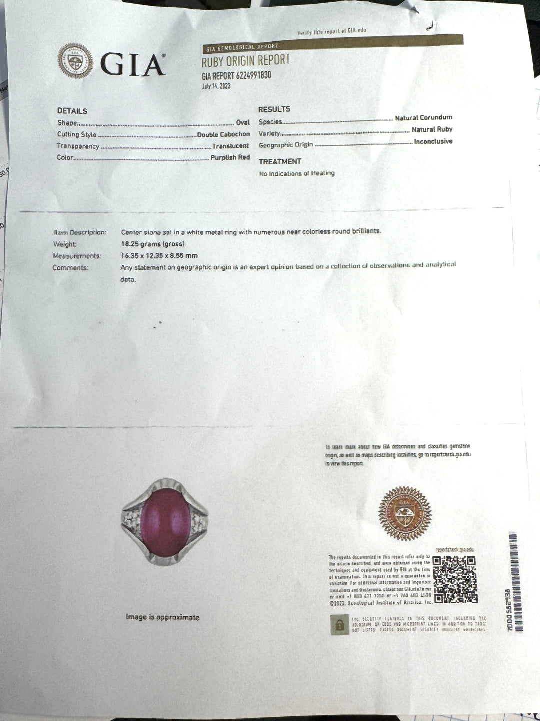 No Heat 16.05ct Cabochon Cut Ruby and Diamond Platinum Ring (GIA/AGL Reports)