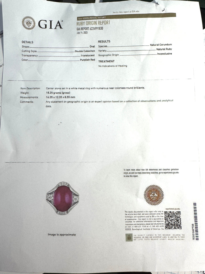 No Heat 16.05ct Cabochon Cut Ruby and Diamond Platinum Ring (GIA/AGL Reports)