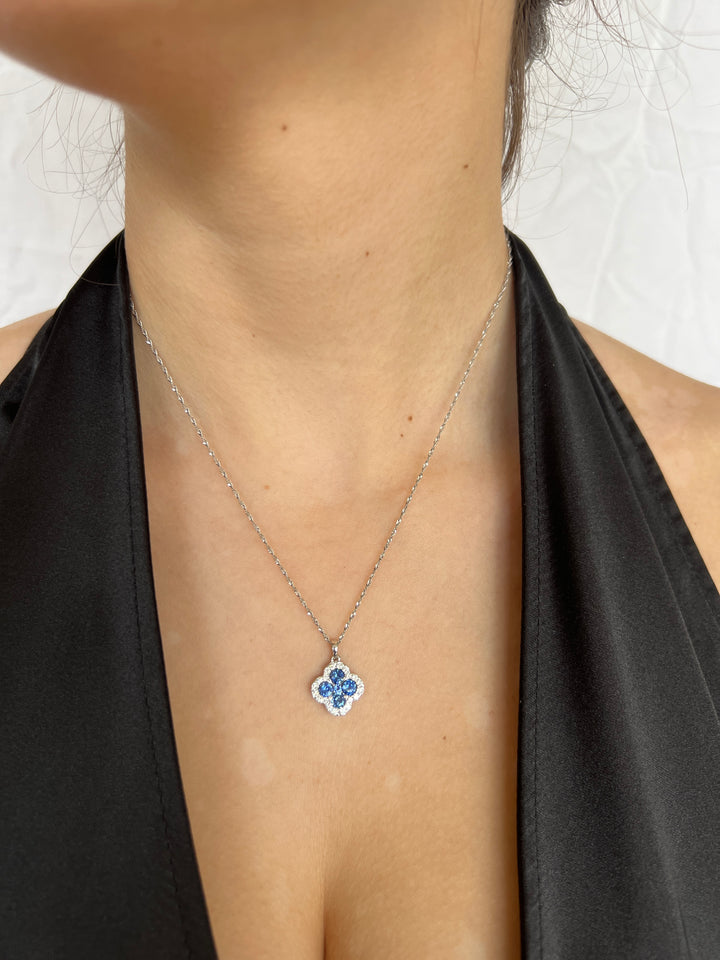 14K White Gold Diamond and Sapphire Clover Necklace