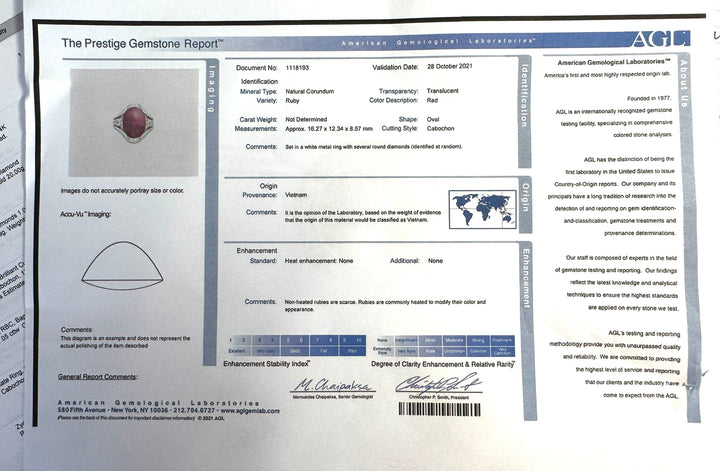 No Heat 16.05ct Cabochon Cut Ruby and Diamond Platinum Ring (GIA/AGL Reports)